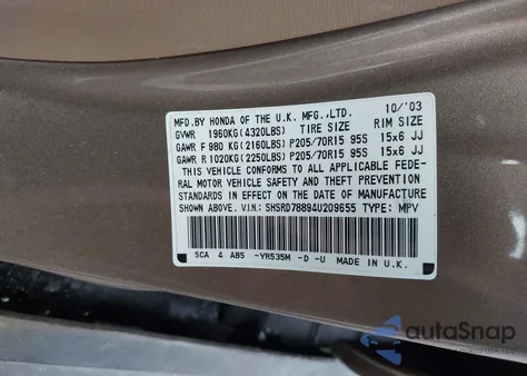 2004 Honda Cr-V Ex z USA, uszkodzony, nr VIN SHSRD788944209655